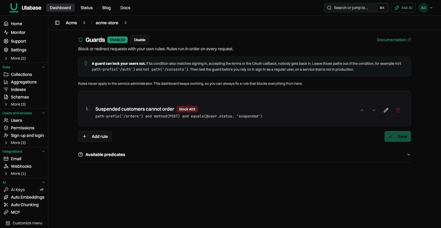 The Guards page: the feature enabled