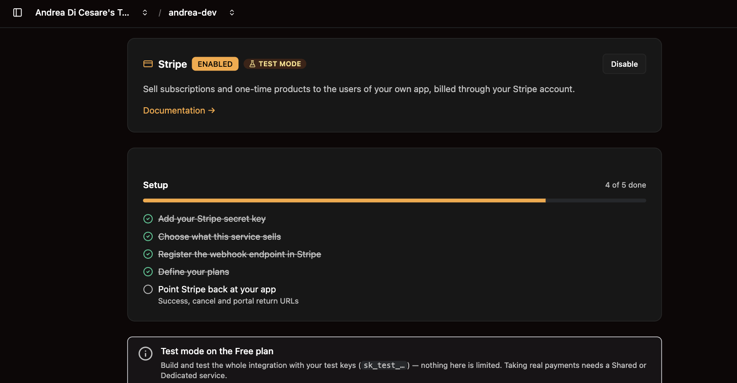 The Stripe page: the feature in test mode